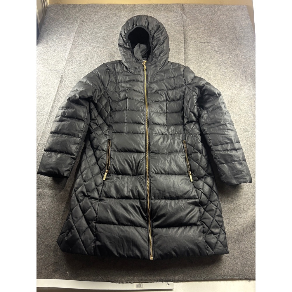 Michael Kors Women L Black Down Puffer Coat Hooded Diamond Quilt Long Jacket SEE